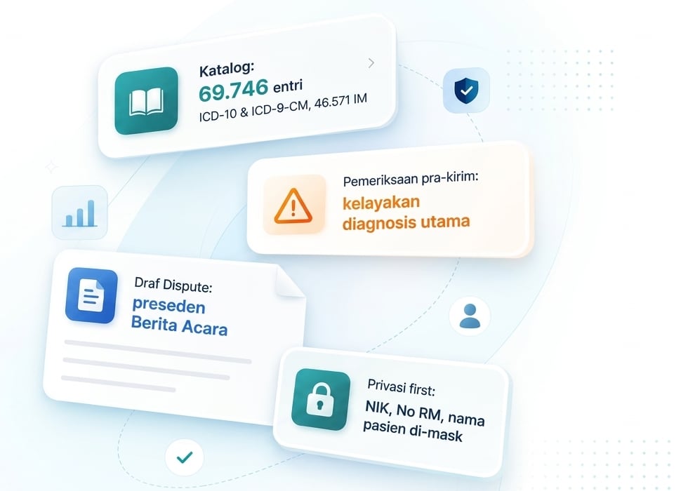 Empat hal yang disiapkan KoderMedis: katalog 69.746 entri ICD-10 dan ICD-9-CM, 46.571 IM; pemeriksaan pra-kirim kelayakan diagnosis utama; draf Dispute dengan preseden Berita Acara; privasi first — NIK, No RM, nama pasien di-mask.